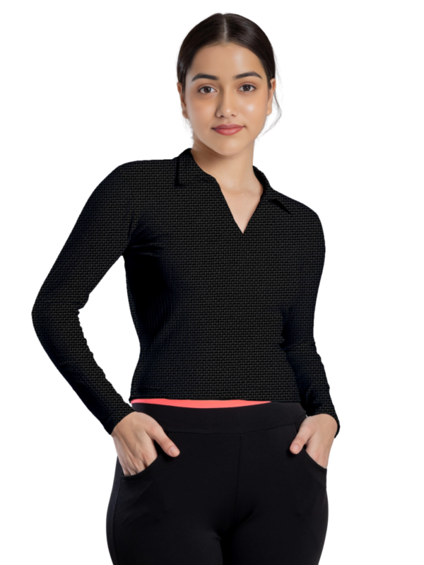 Stylish V-Neck Collared Black T-Shirt for Women - XS