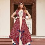 Women’s Red and Beige Anarkali Dress with Bohemian Sun Print