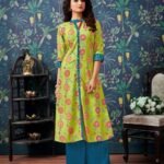 Lime Green Floral Printed Kurti with Blue Palazzo for Women