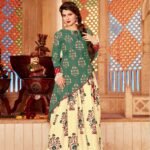 Green and Yellow Floral Long Dress with Red Detailing - Traditional Indian Wear for Women