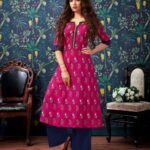 Modern Pink Floral Kurta with Navy Blue Palazzo - Stylish Ethnic Wear for Women