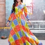 Women's Multicolor Patchwork Print Long Anarkali Kurti – Cotton Flared Ethnic Dress for Festive