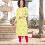 Women's Stylish Yellow Cotton Kurti with Floral Print – Perfect for Work & Outings