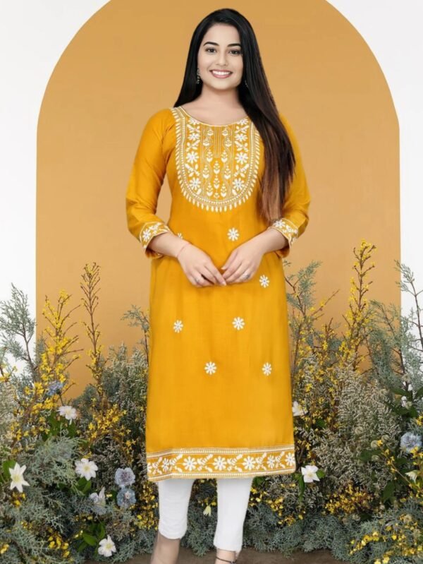 Classic Round Neck Kurti with Beautiful Embroidery Work - L